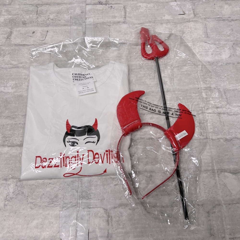 Dazzlingly Devilish costume crop baby tee, headband, pitchfork NEW Small